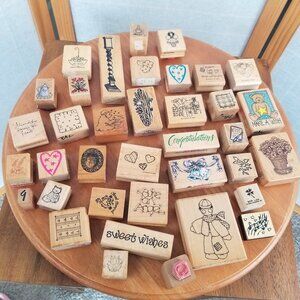Huge Bundle of Wood Block Stamps Hearts Flowers Sentiments Bears Various Brands